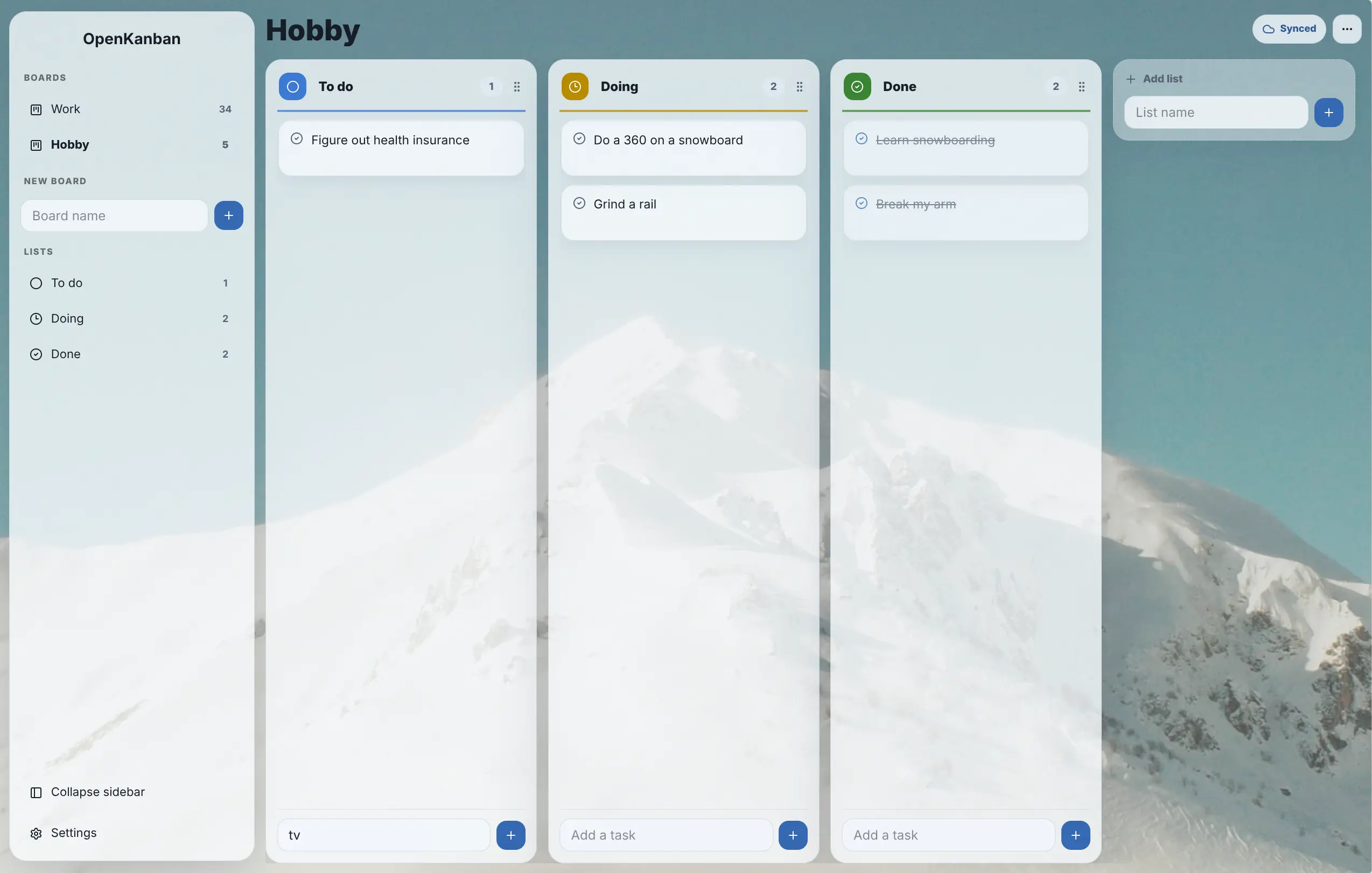 OpenKanban desktop board with To do, Doing, and Done lists